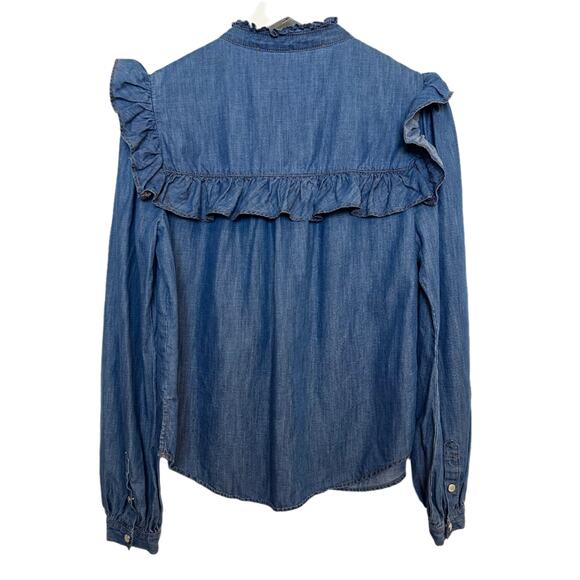 Veronica Beard Tes Chambray Button Down Top Denim Jean Blue Ruffle Western 4 - Picture 4 of 9